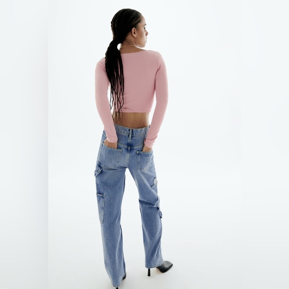 NWT ZARA Limitless Contour Collection Pink RIbbed Stretch Long Sleeve Crop Shirt - Picture 2 of 8